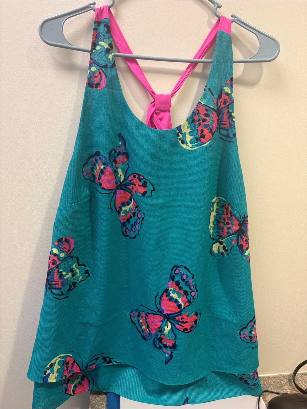 Lilly Pulitzer Teal Butterfly Print Tank with Pink Tie Back
